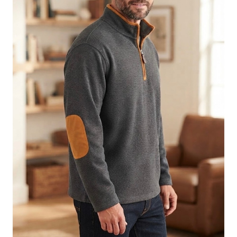 Orvis Mens XXL Gray Quarter Zip Pullover Sweatshirt Leather Trim Elbow Patches